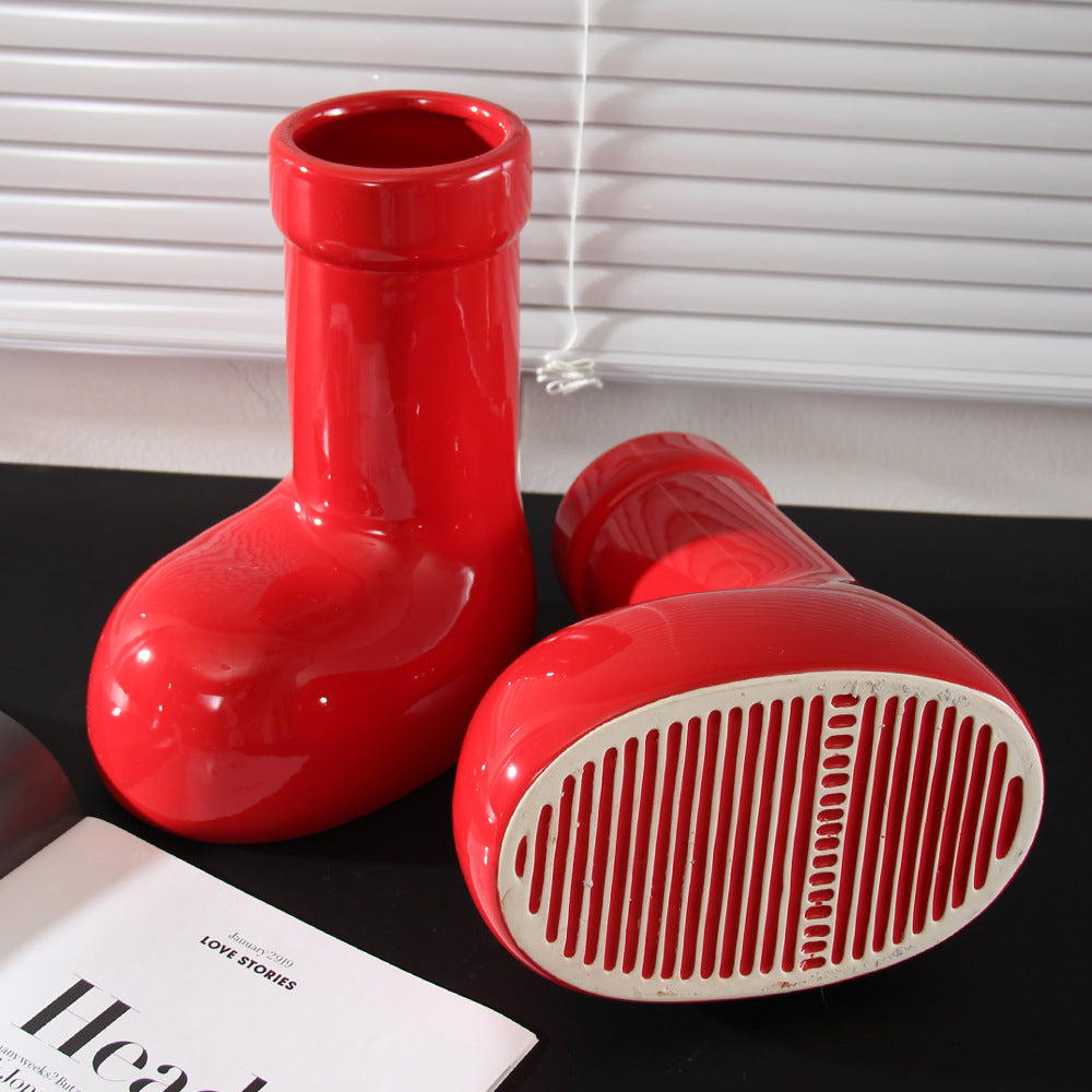 Bright red ceramic boots vase, stylish and elegant , red and green ornament
