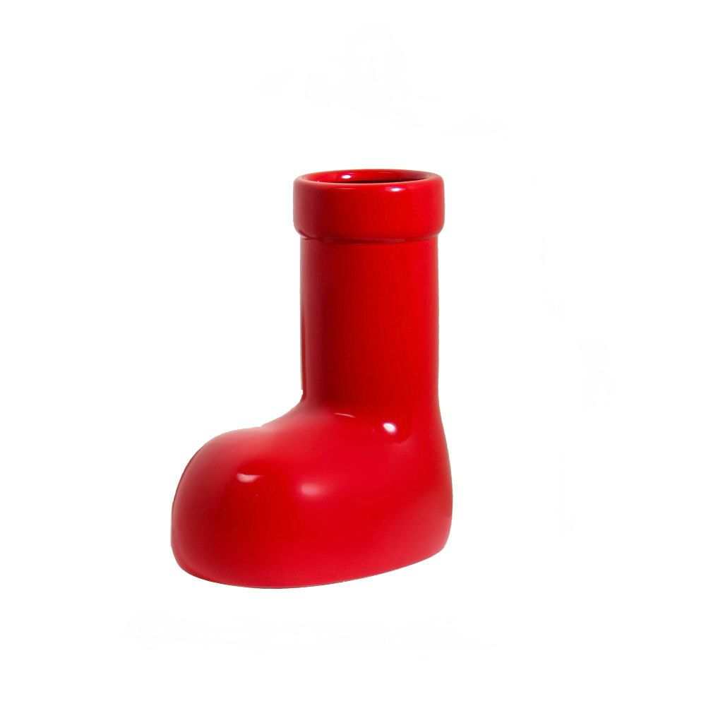 Bright red ceramic boots vase, stylish and elegant , red and green ornament